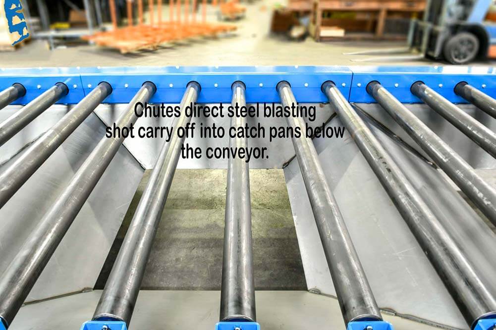 Chutes direct steel blasting shot carry off into catch pans below the conveyor