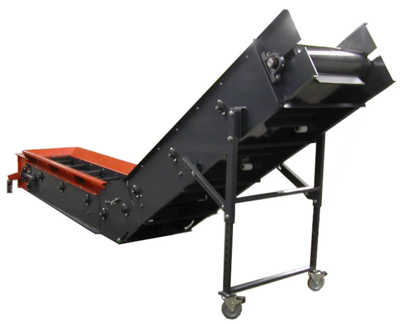 Portable belt conveyor incline used in plastics recycling industry.