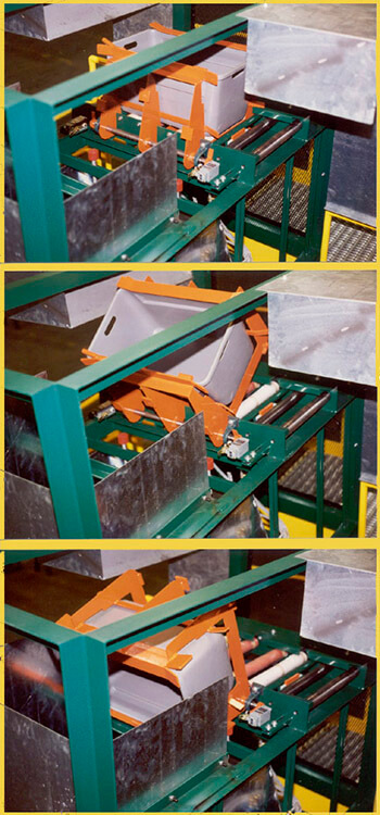 Automatically inverts totes carrying packaged clothing product for auto-sorting in a shipping area.