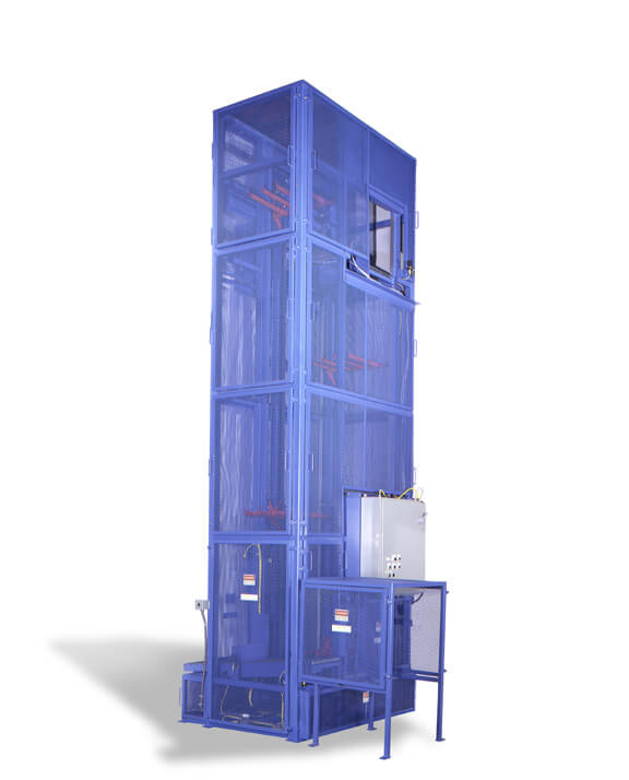A Continuous Vertical Conveyor assembly used to elevate carton goods prior to an accumulation line that feeds a palletizer.