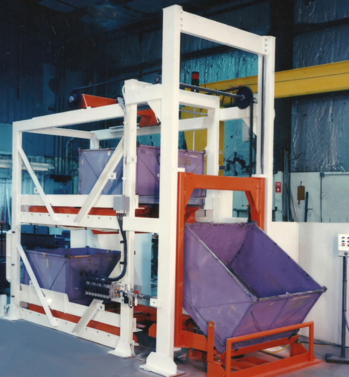 Empty containers enter on the lower level and full containers exit on the upper level. Containers have a very irregular footprint, making it non-conveyable on standard roller or chain conveyor. Solution - a “walking beam” style conveyor.