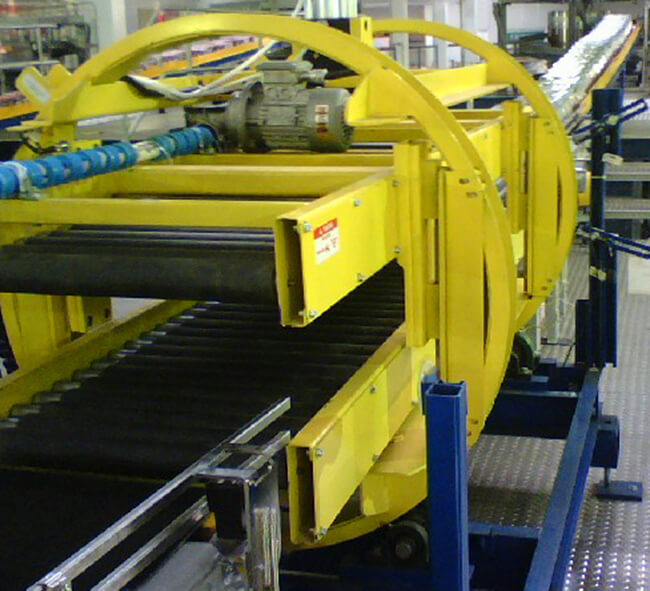 Product Roll-Over with live roller bed sections used to invert product in dry-goods palletizing process.