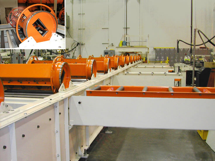 Synchronous Conveyor Line for Fork Lift Mast Production. Inset Shows Custom Pallet for Product Orientation at Workstation