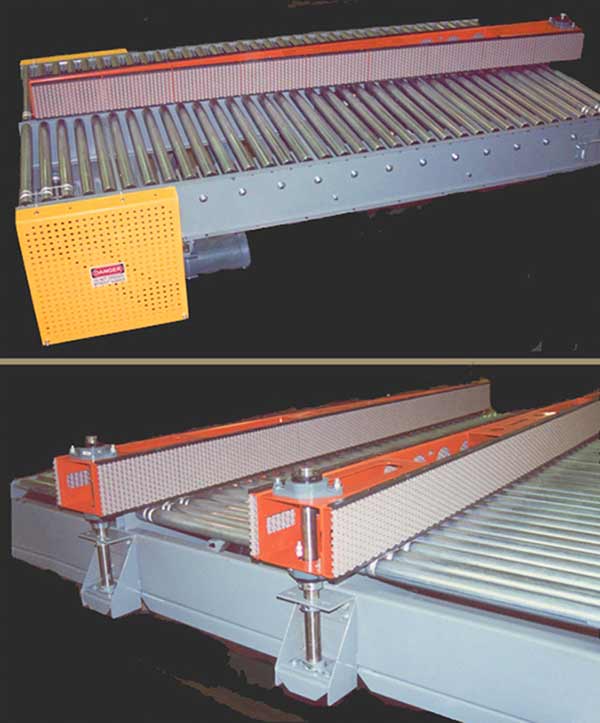 Live roll conveyor with air operated “beaded rail” diverting arms for corrugated case goods