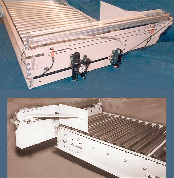 Live roll conveyor with air operated right-angle pusher.